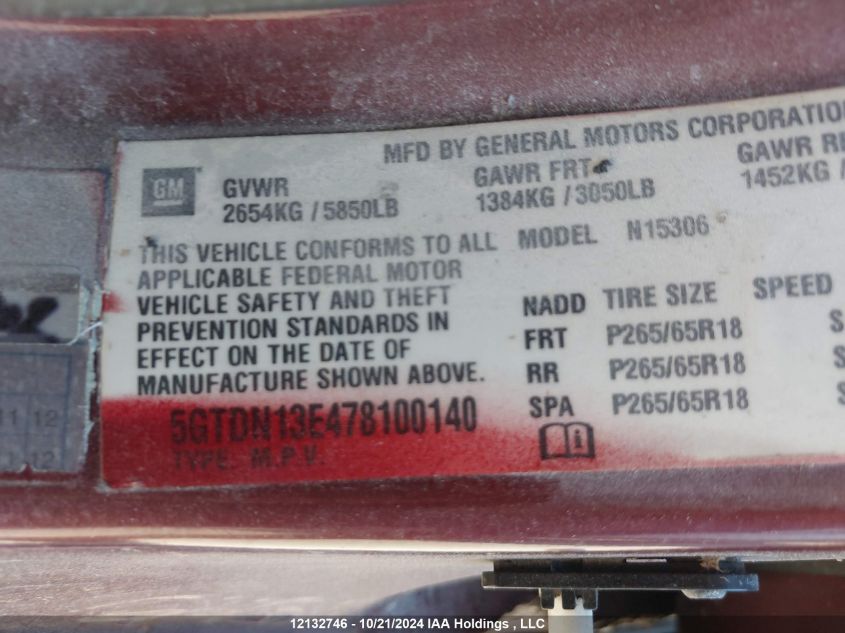 2007 Hummer H3 Suv VIN: 5GTDN13E478100140 Lot: 12132746