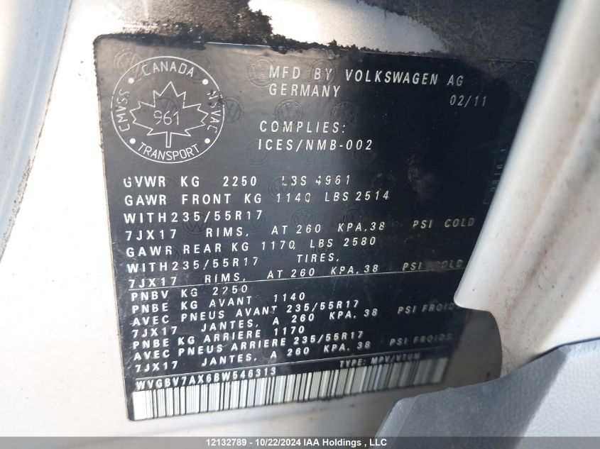 2011 Volkswagen Tiguan VIN: WVGBV7AX6BW546313 Lot: 12132789