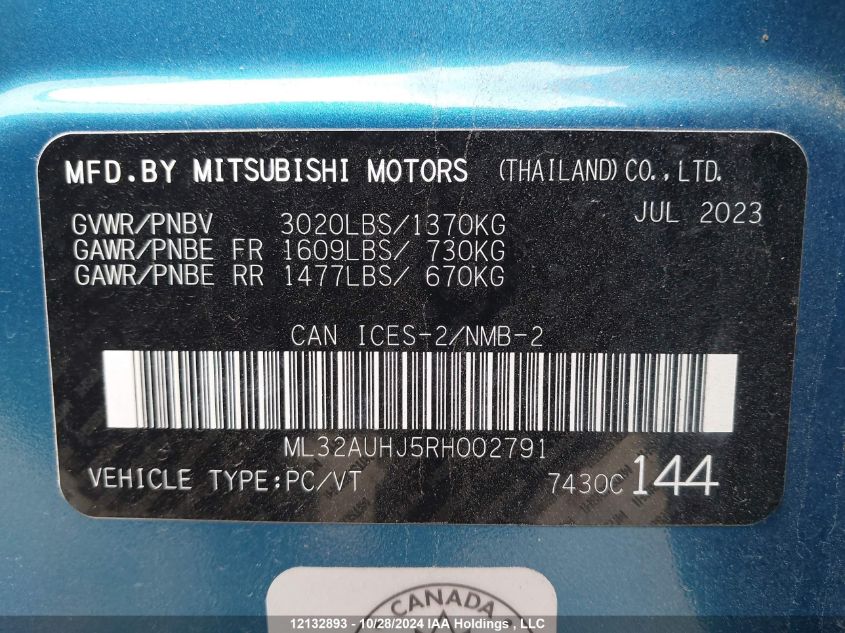 2024 Mitsubishi Mirage VIN: ML32AUHJ5RH002791 Lot: 12132893