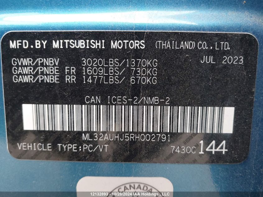 2024 Mitsubishi Mirage VIN: ML32AUHJ5RH002791 Lot: 12132893