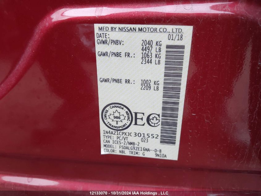 2018 Nissan Leaf VIN: 1N4AZ1CPXJC301552 Lot: 12133070