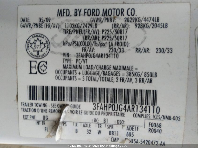 2010 Ford Fusion Sel VIN: 3FAHP0JG4AR134110 Lot: 12133106