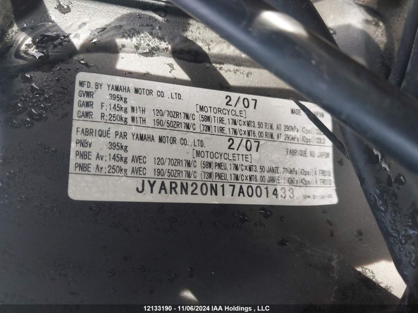 2007 Yamaha Yzfr1 VIN: JYARN20N17A001433 Lot: 12133190