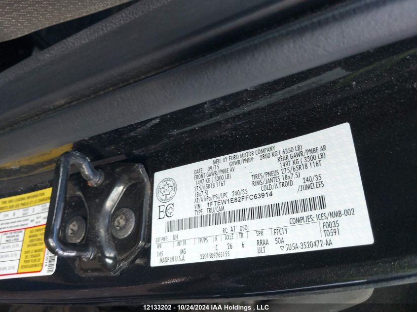 2015 Ford F150 Supercrew VIN: 1FTEW1E82FFC63914 Lot: 12133202