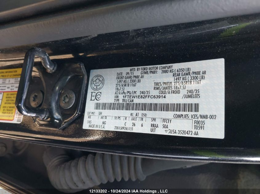 2015 Ford F150 Supercrew VIN: 1FTEW1E82FFC63914 Lot: 12133202