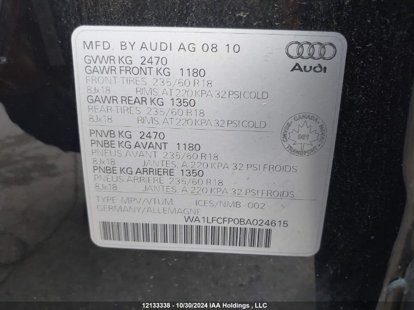 2011 Audi Q5 VIN: WA1LFCFP0BA024615 Lot: 12133338