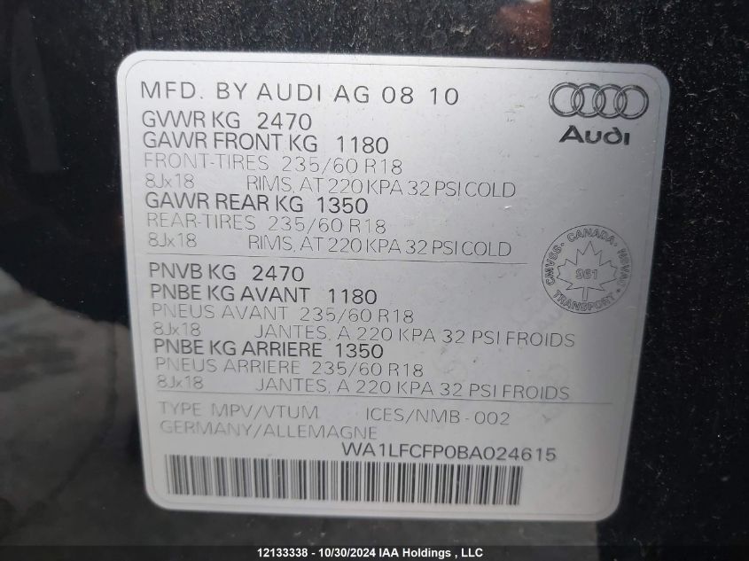 2011 Audi Q5 VIN: WA1LFCFP0BA024615 Lot: 12133338