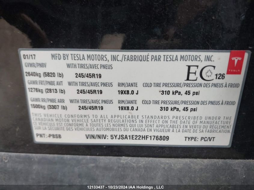 2017 Tesla Model S VIN: 5YJSA1E22HF176809 Lot: 12133437