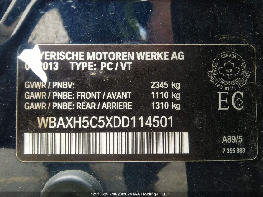 2013 BMW 5 Series VIN: WBAXH5C5XDD114501 Lot: 12133625