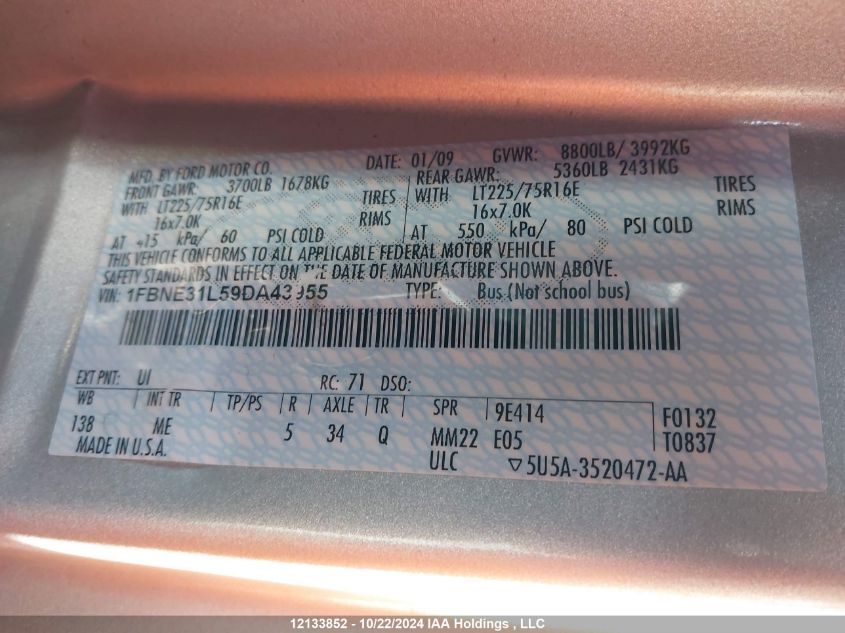 2009 Ford Econoline E350 Super Duty Wagon VIN: 1FBNE31L59DA43955 Lot: 12133852