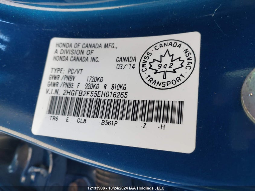 2014 Honda Civic Sedan VIN: 2HGFB2F55EH016265 Lot: 12133908
