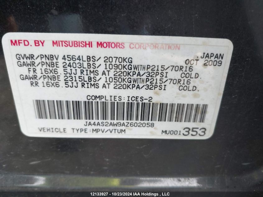 2010 Mitsubishi Outlander VIN: JA4AS2AW9AZ602058 Lot: 12133927