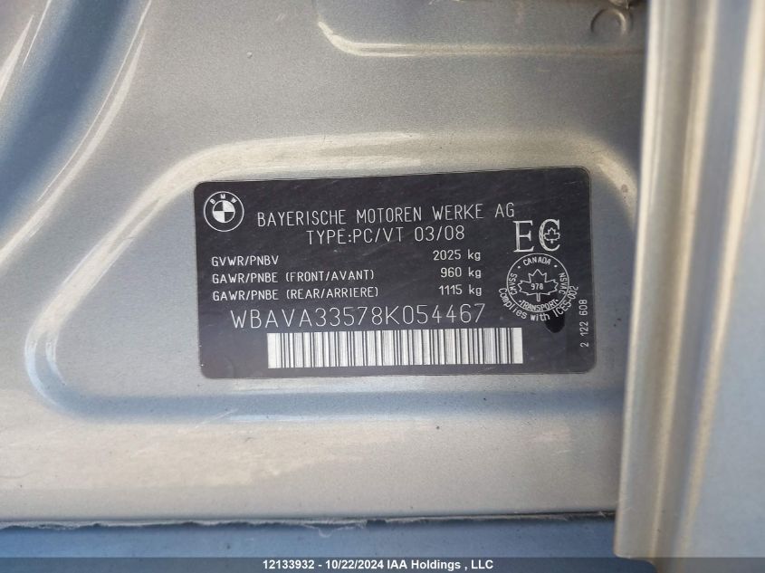 2008 BMW 3 Series VIN: WBAVA33578K054467 Lot: 12133932