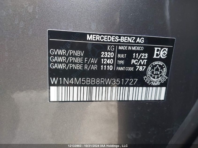 2024 Mercedes-Benz Glb VIN: W1N4M5BB8RW351727 Lot: 12133983