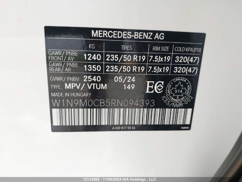 2024 Mercedes-Benz Eqb VIN: W1N9M0CB5RN094393 Lot: 12133992