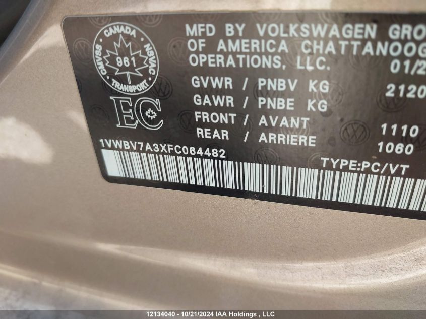 2015 Volkswagen Passat VIN: 1VWBV7A3XFC064482 Lot: 12134040