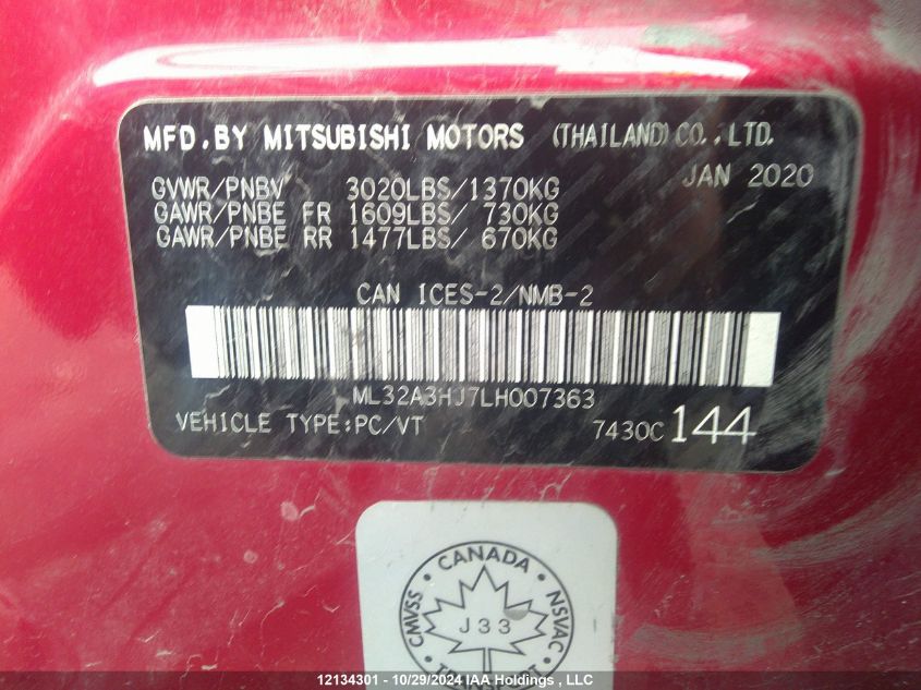 2020 Mitsubishi Mirage VIN: ML32A3HJ7LH007363 Lot: 12134301