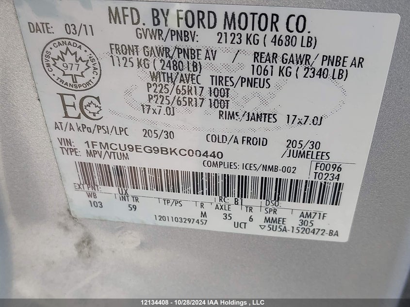 2011 Ford Escape VIN: 1FMCU9EG9BKC00440 Lot: 12134408