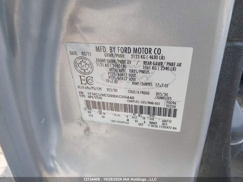 2011 Ford Escape VIN: 1FMCU9EG9BKC00440 Lot: 12134408