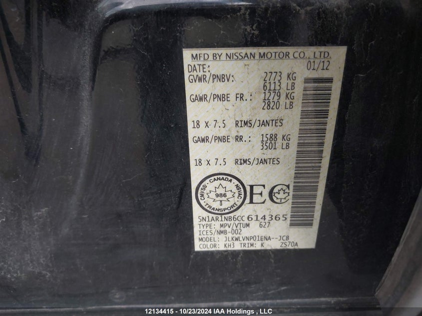 2012 Nissan Pathfinder S/Le/Se VIN: 5N1AR1NB6CC614365 Lot: 12134415