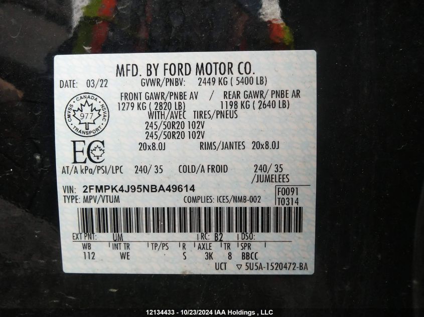 2022 Ford Edge Sel VIN: 2FMPK4J95NBA49614 Lot: 12134433