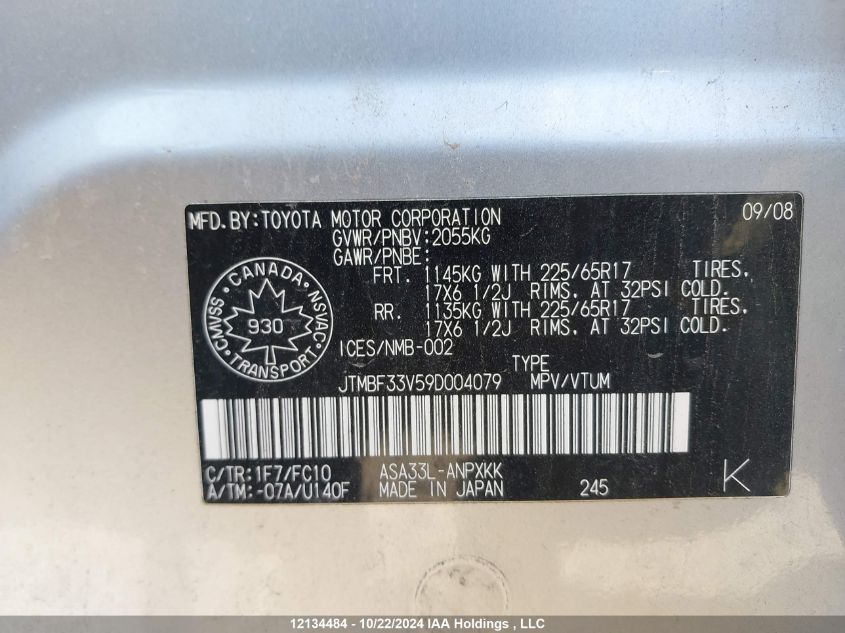 2009 Toyota Rav4 VIN: JTMBF33V59D004079 Lot: 12134484