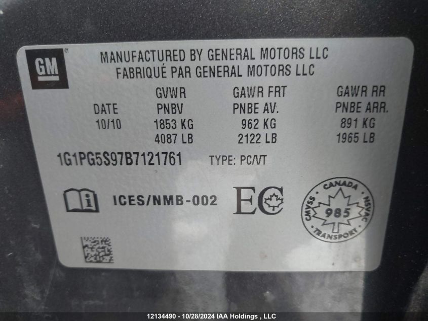 2011 Chevrolet Cruze VIN: 1G1PG5S97B7121761 Lot: 12134490