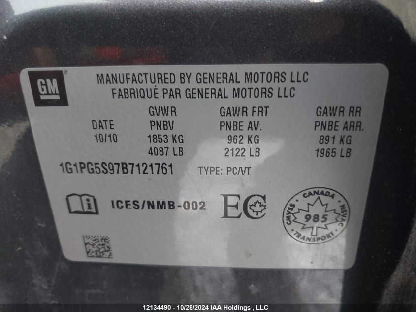 2011 Chevrolet Cruze VIN: 1G1PG5S97B7121761 Lot: 12134490