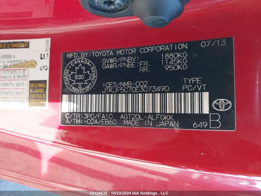 2014 Scion Tc VIN: JTKJF5C70E3073490 Lot: 12134635