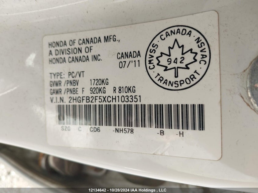 2012 Honda Civic Sdn VIN: 2HGFB2F5XCH103351 Lot: 12134642