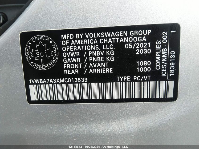 2021 Volkswagen Passat VIN: 1VWBA7A3XMC013539 Lot: 12134683