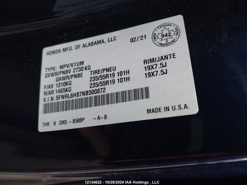 2022 Honda Odyssey VIN: 5FNRL6H87NB500872 Lot: 12134822