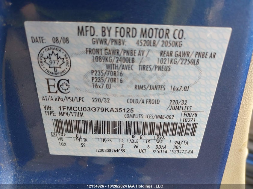 2009 Ford Escape VIN: 1FMCU03G79KA35125 Lot: 12134926