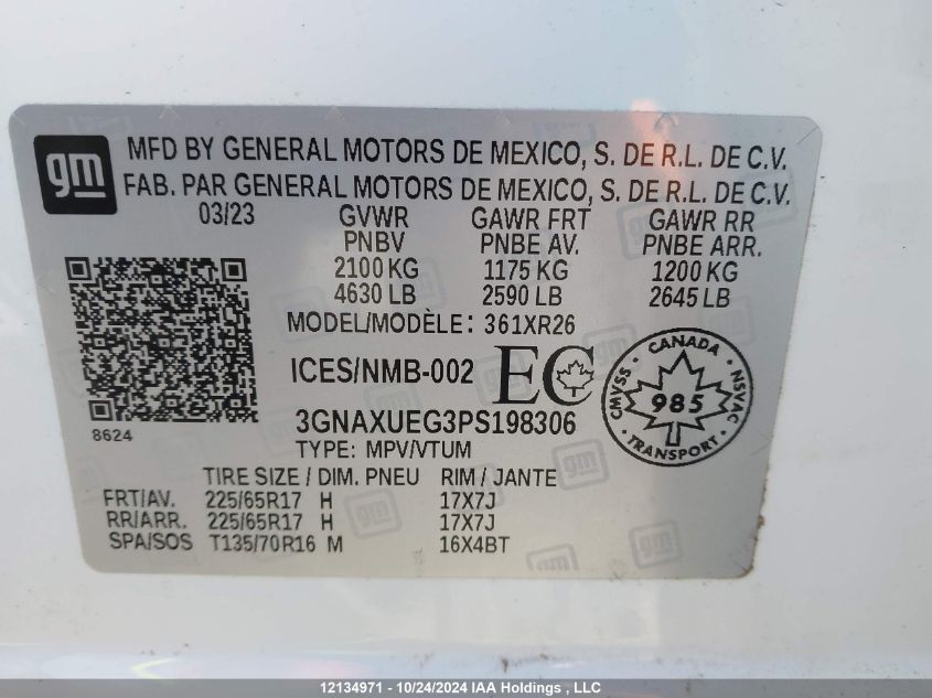 2023 Chevrolet Equinox VIN: 3GNAXUEG3PS198306 Lot: 12134971