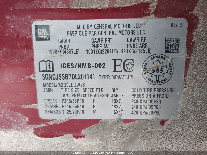 2013 Chevrolet Trax VIN: 3GNCJSSB7DL201141 Lot: 12134992