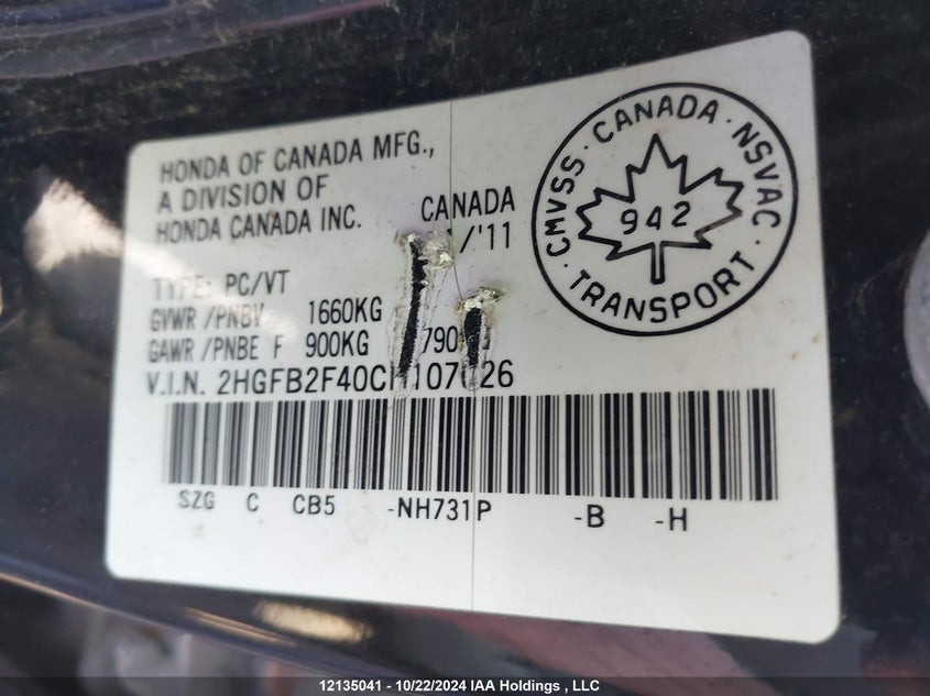 2012 Honda Civic Sdn VIN: 2HGFB2F40CH107626 Lot: 12135041