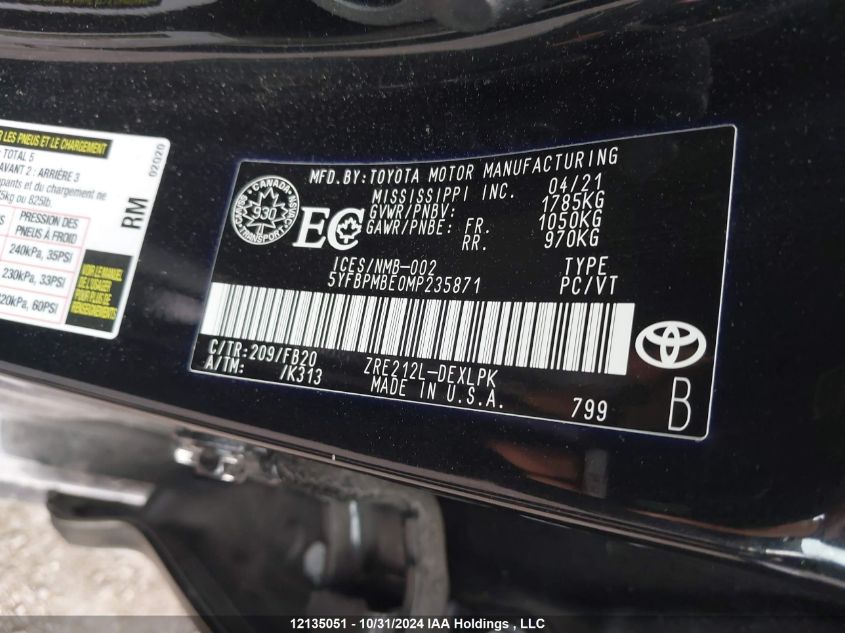 2021 Toyota Corolla Le VIN: 5YFBPMBE0MP235871 Lot: 12135051