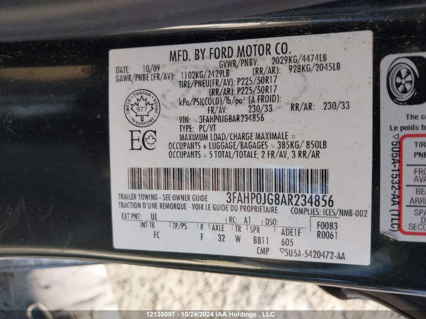 2010 Ford Fusion Sel VIN: 3FAHP0JG8AR234856 Lot: 12135097