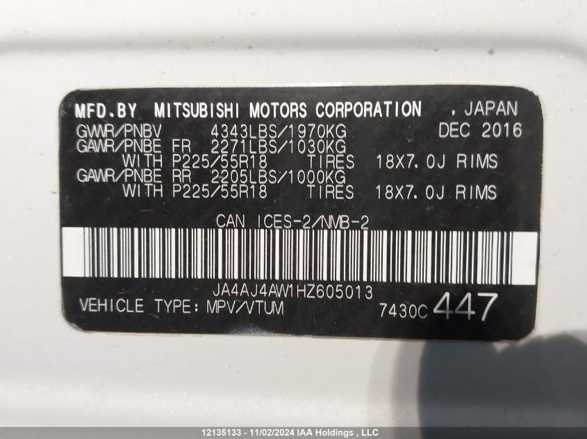 2017 Mitsubishi Rvr VIN: JA4AJ4AW1HZ605013 Lot: 12135133