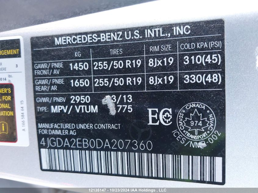 2013 Mercedes-Benz Ml-Class VIN: 4JGDA2EB0DA207360 Lot: 12135147