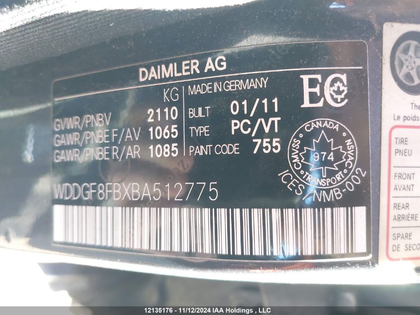 2011 Mercedes-Benz C-Class VIN: WDDGF8FBXBA512775 Lot: 12135176