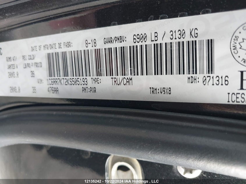 2019 Ram 1500 Classic St VIN: 1C6RR7KT2KS505193 Lot: 12135242