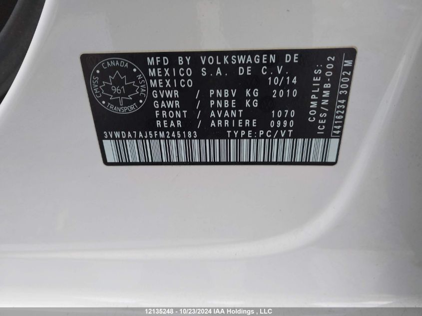 2015 Volkswagen Jetta Sedan VIN: 3VWDA7AJ5FM245183 Lot: 12135248