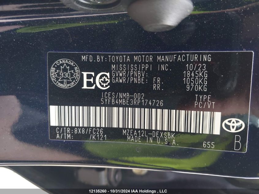 2024 Toyota Corolla Se/Xse VIN: 5YFB4MBE3RP174726 Lot: 12135260