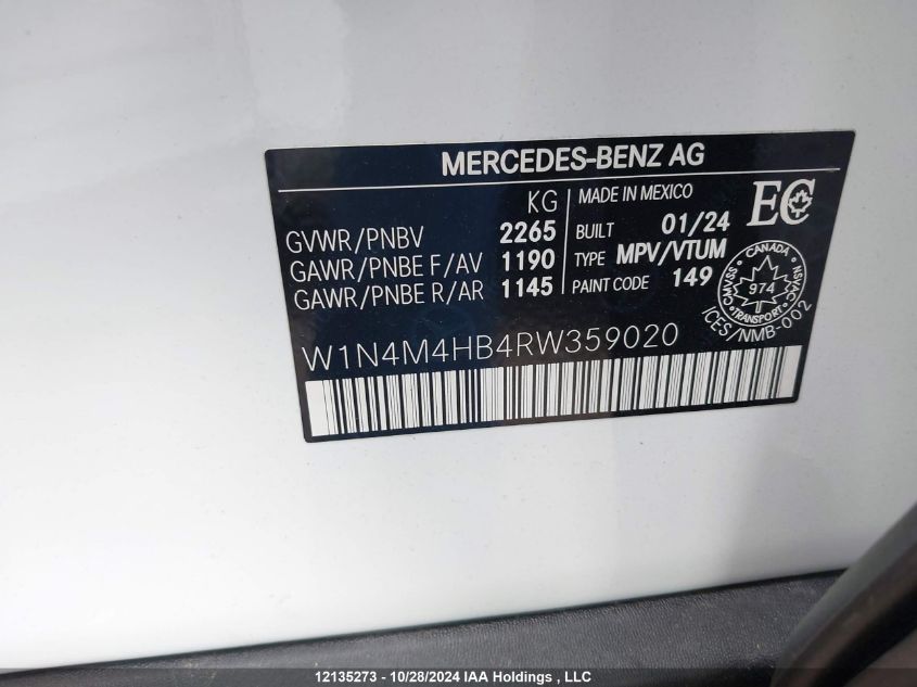 2024 Mercedes-Benz Glb VIN: W1N4M4HB4RW359020 Lot: 12135273