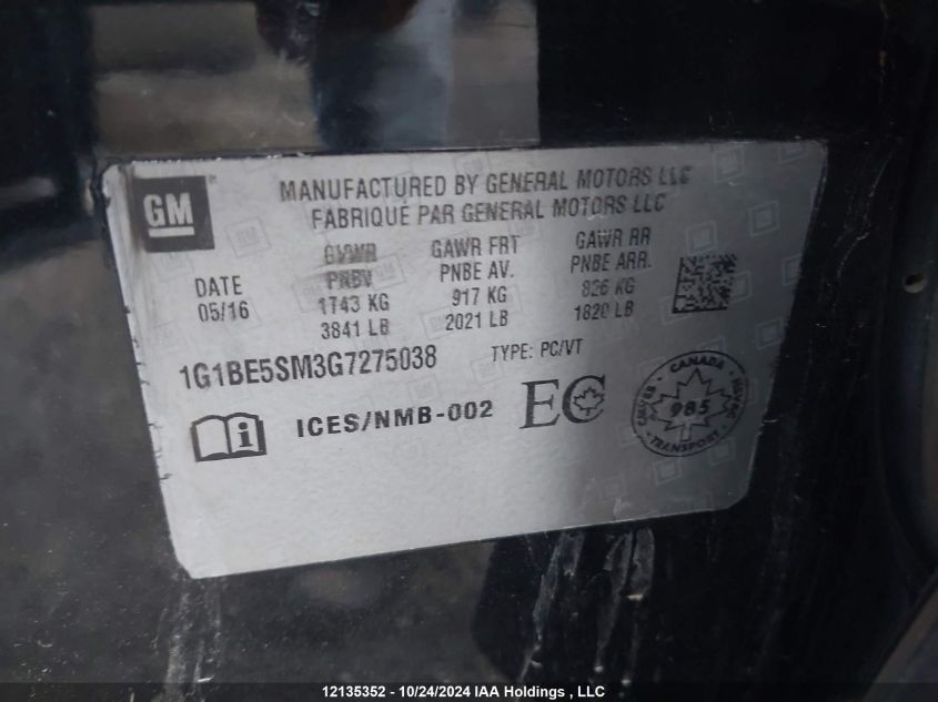 2016 Chevrolet Cruze VIN: 1G1BE5SM3G7275038 Lot: 12135352