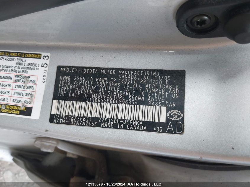 2006 Toyota Corolla Ce/Le/S VIN: 2T1BR32E86C596854 Lot: 12135379