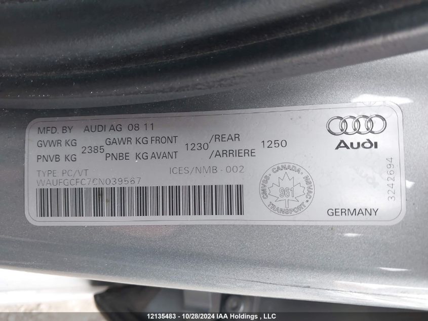 2012 Audi A6 VIN: WAUFGCFC7CN039567 Lot: 12135483