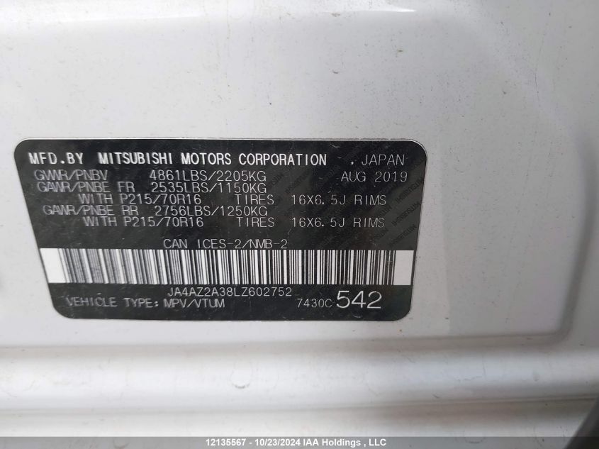 2020 Mitsubishi Outlander Es VIN: JA4AZ2A38LZ602752 Lot: 12135567