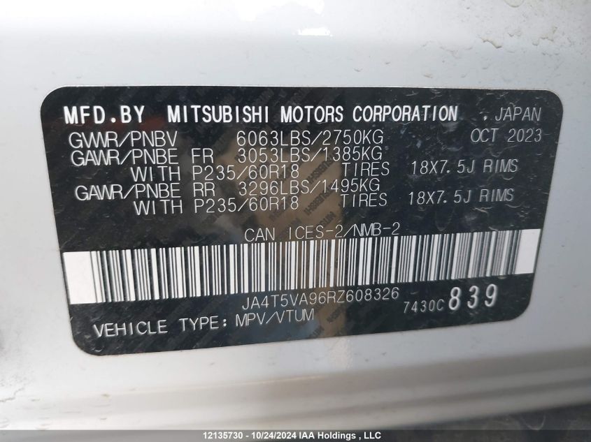 2024 Mitsubishi Outlander Se/Ralliart VIN: JA4T5VA96RZ608326 Lot: 12135730